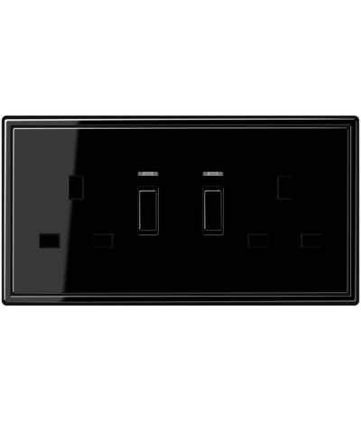 Black Glossy 2 Gang Switch Socket 13A 250~ with indicator light